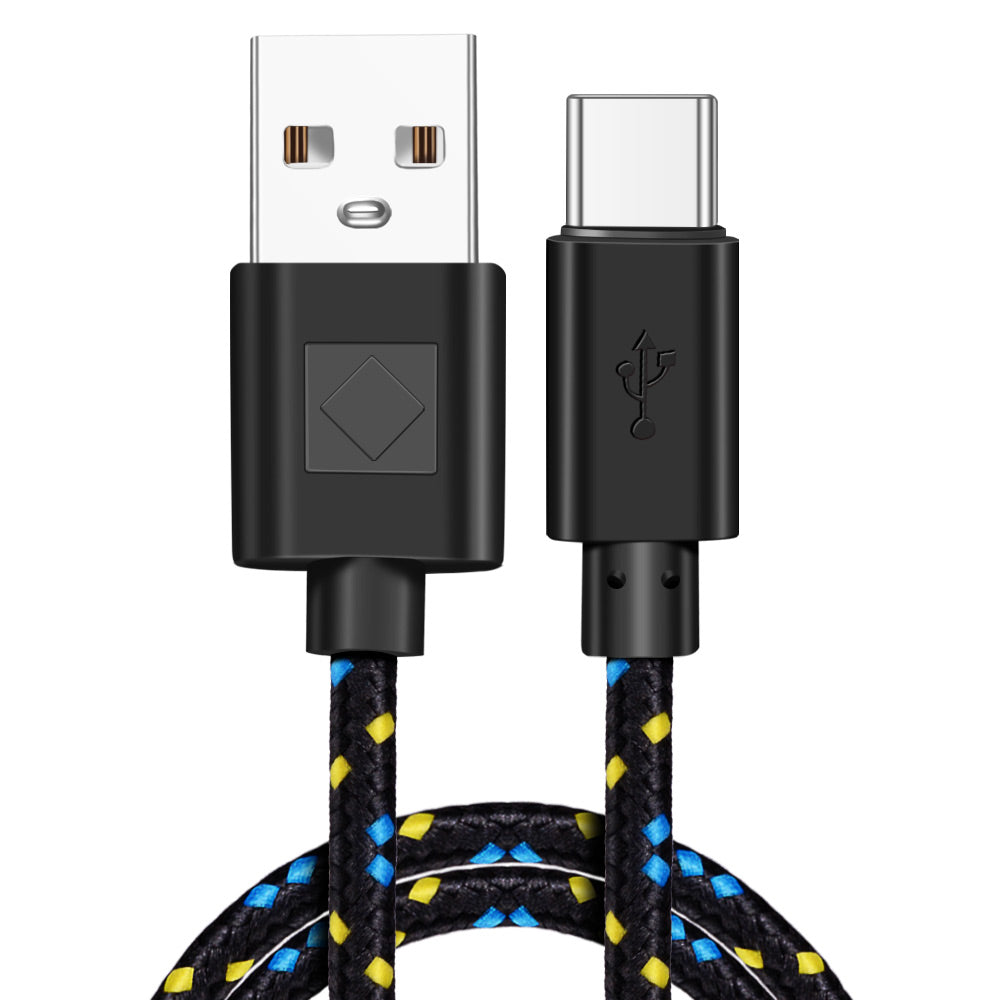 Braided black charging cable, available in USB-C or Micro USB