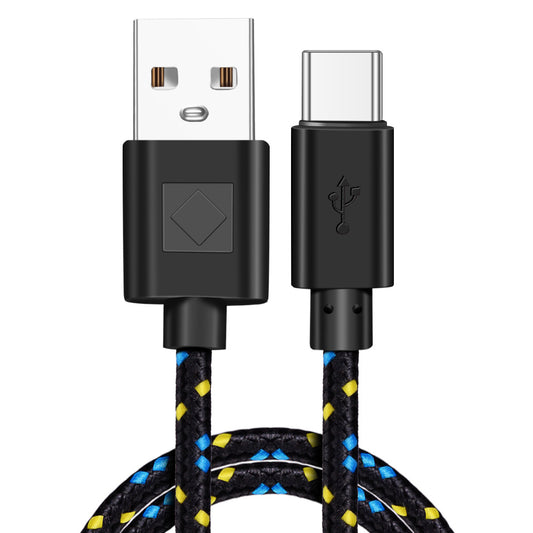Braided black charging cable, available in USB-C or Micro USB
