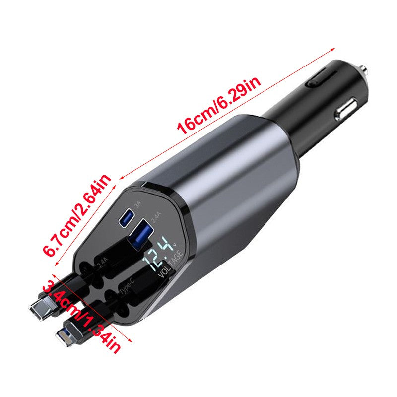 Retractable 4-in-1 car charger with built-in cables and USB ports